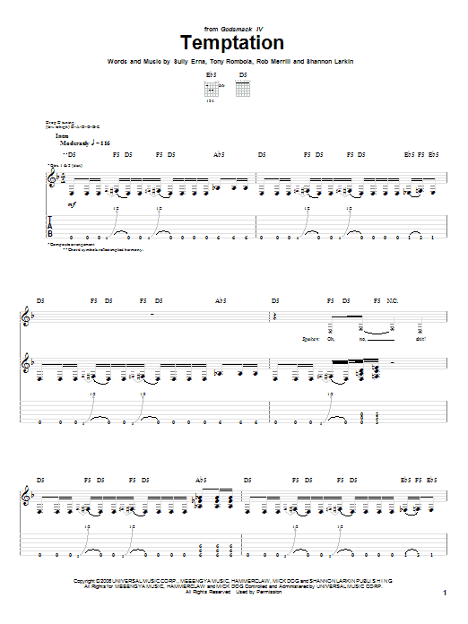 Godsmack Temptation Sheet Music Notes & Chords for Guitar Tab - Download or Print PDF