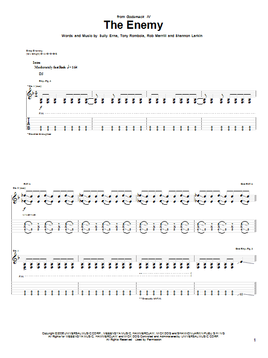 Godsmack The Enemy Sheet Music Notes & Chords for Guitar Tab - Download or Print PDF