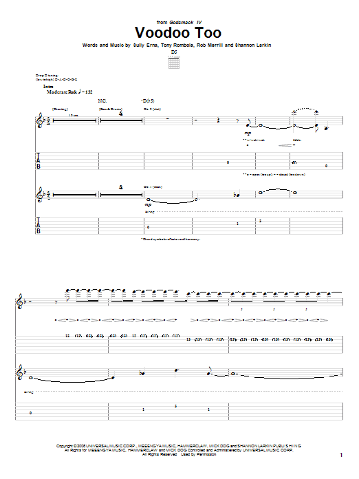 Godsmack Voodoo Too Sheet Music Notes & Chords for Guitar Tab - Download or Print PDF