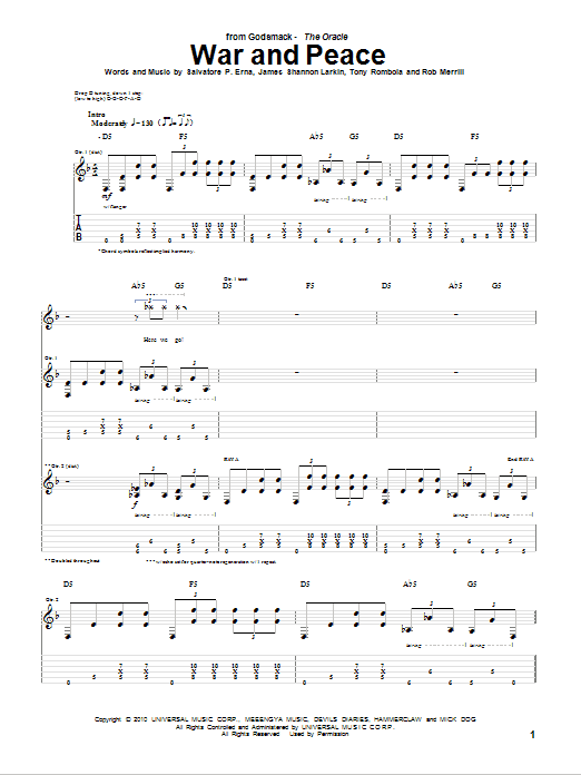 Godsmack War And Peace Sheet Music Notes & Chords for Guitar Tab - Download or Print PDF