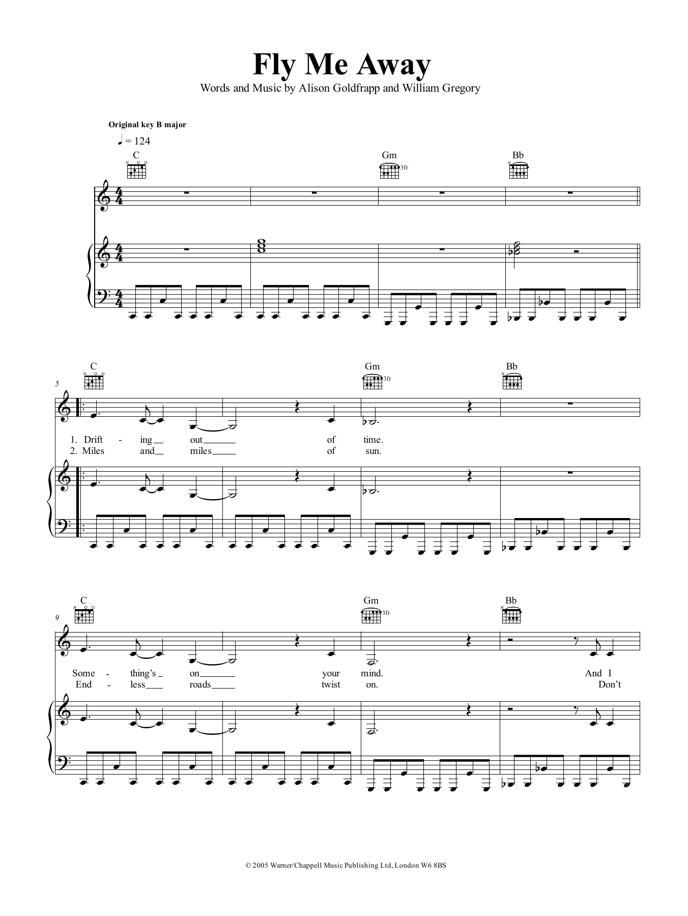 Goldfrapp Fly Me Away Sheet Music Notes & Chords for Piano, Vocal & Guitar (Right-Hand Melody) - Download or Print PDF