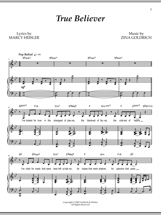 Goldrich & Heisler True Believer Sheet Music Notes & Chords for Piano & Vocal - Download or Print PDF