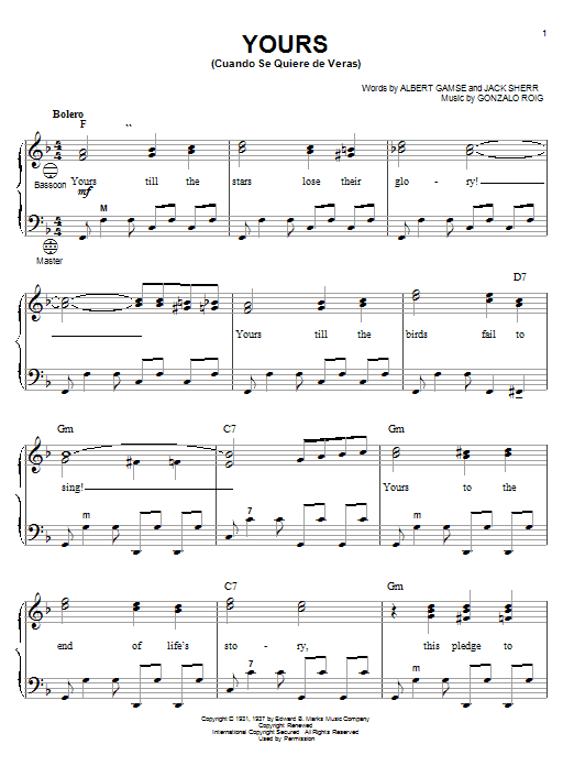 Gonzalo Roig Yours (Cuando Se Quiere De Veras) Sheet Music Notes & Chords for Lyrics & Chords - Download or Print PDF