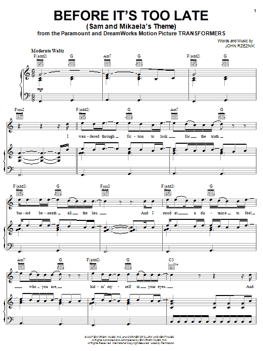 Goo Goo Dolls Before It's Too Late (Sam And Mikaela's Theme) Sheet Music Notes & Chords for Piano, Vocal & Guitar (Right-Hand Melody) - Download or Print PDF