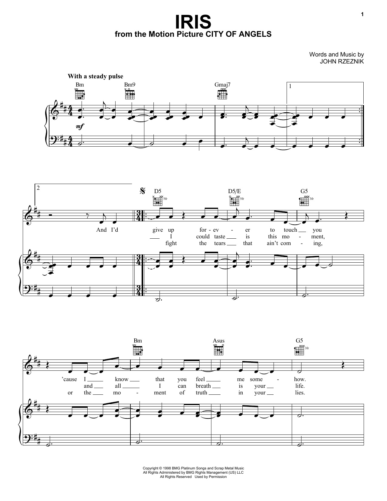 Goo Goo Dolls Iris Sheet Music Notes & Chords for Piano, Vocal & Guitar (Right-Hand Melody) - Download or Print PDF