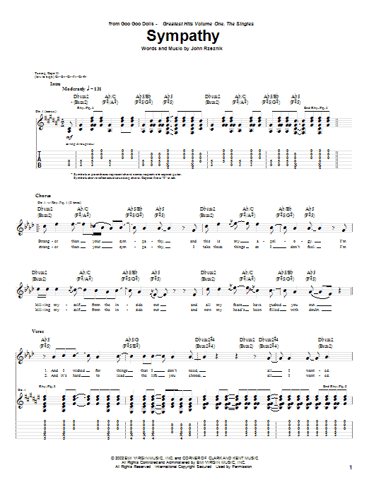 Goo Goo Dolls Sympathy Sheet Music Notes & Chords for Guitar Tab - Download or Print PDF Goo Goo Dolls Sympathy Sheet Music Notes & Chords for Guitar Tab - Download or Print PDF