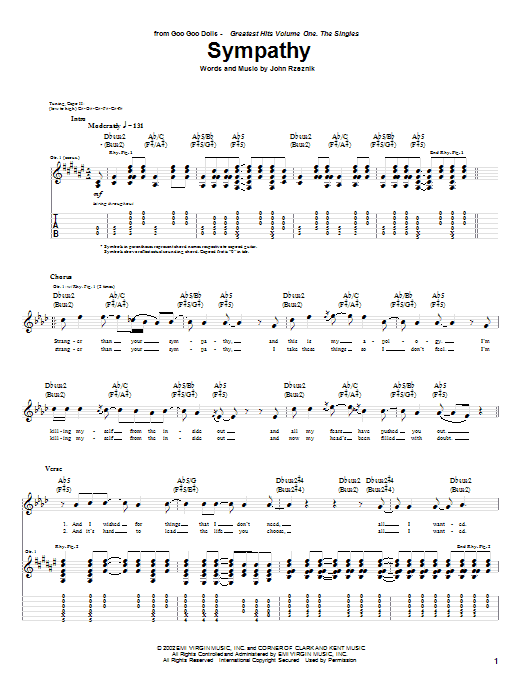 Goo Goo Dolls Sympathy Sheet Music Notes & Chords for Guitar Tab - Download or Print PDF