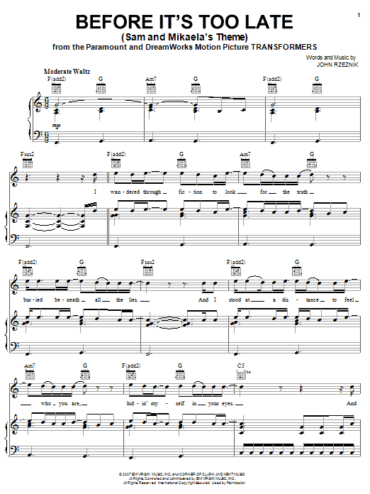 Before It's Too Late (Sam And Mikaela's Theme) sheet music