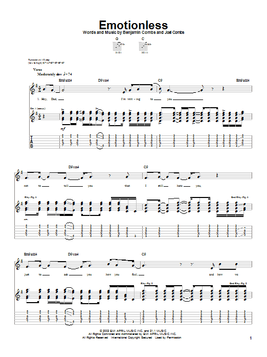 Good Charlotte Emotionless Sheet Music Notes & Chords for Guitar Tab - Download or Print PDF