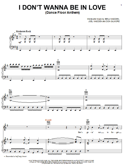 Good Charlotte I Don't Wanna Be In Love (Dance Floor Anthem) Sheet Music Notes & Chords for Piano, Vocal & Guitar (Right-Hand Melody) - Download or Print PDF