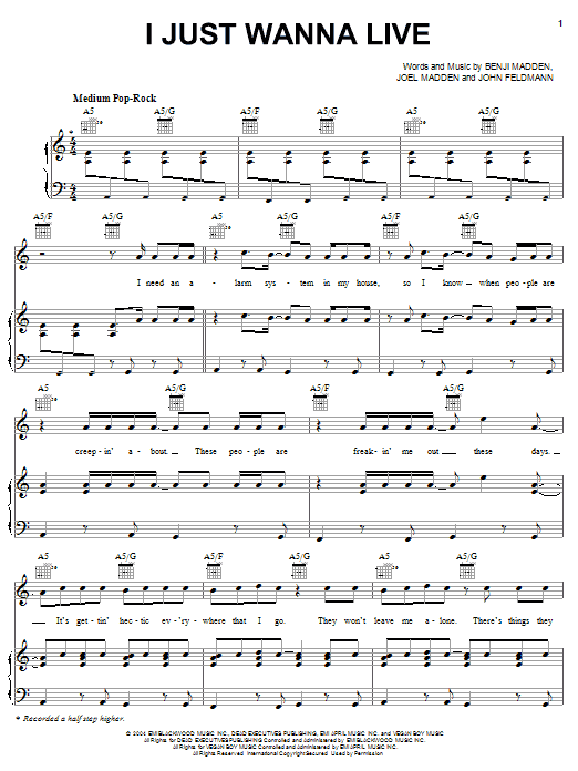 Good Charlotte I Just Wanna Live Sheet Music Notes & Chords for Piano, Vocal & Guitar (Right-Hand Melody) - Download or Print PDF