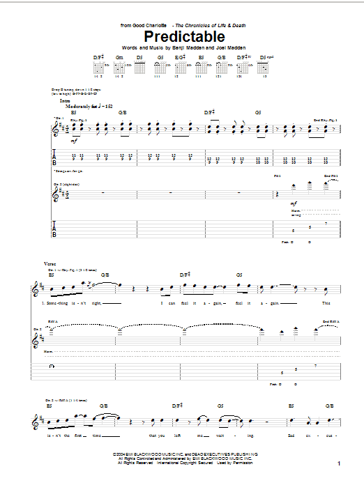 Good Charlotte Predictable Sheet Music Notes & Chords for Guitar Tab - Download or Print PDF