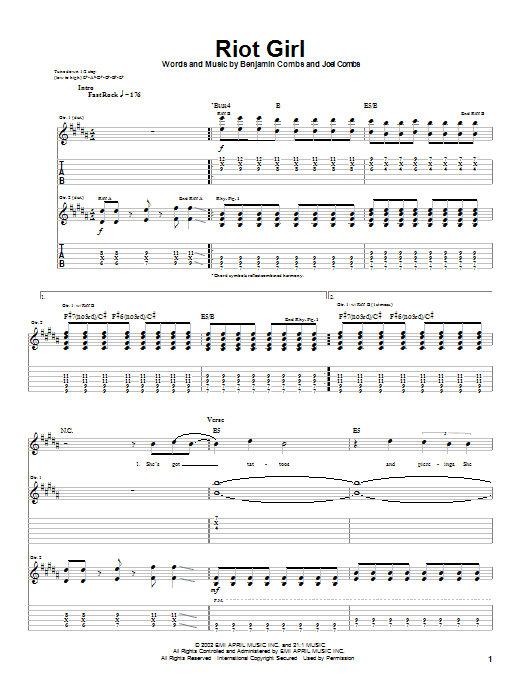 Good Charlotte Riot Girl Sheet Music Notes & Chords for Guitar Tab - Download or Print PDF