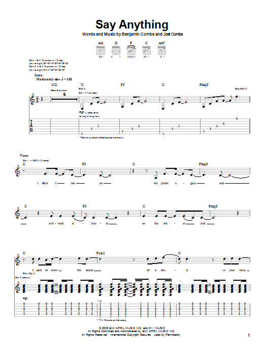 Good Charlotte Say Anything Sheet Music Notes & Chords for Guitar Tab - Download or Print PDF