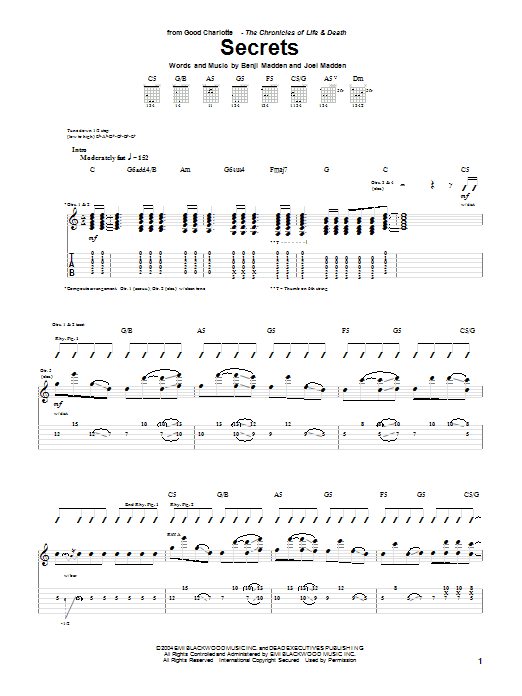 Good Charlotte Secrets Sheet Music Notes & Chords for Guitar Tab - Download or Print PDF