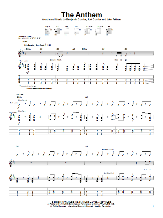Good Charlotte The Anthem Sheet Music Notes & Chords for Piano, Vocal & Guitar (Right-Hand Melody) - Download or Print PDF
