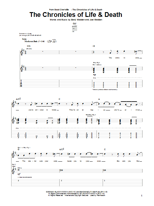 Good Charlotte The Chronicles Of Life & Death Sheet Music Notes & Chords for Guitar Tab - Download or Print PDF