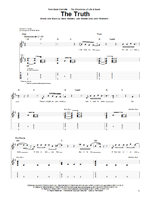 Good Charlotte The Truth Sheet Music Notes & Chords for Guitar Tab - Download or Print PDF