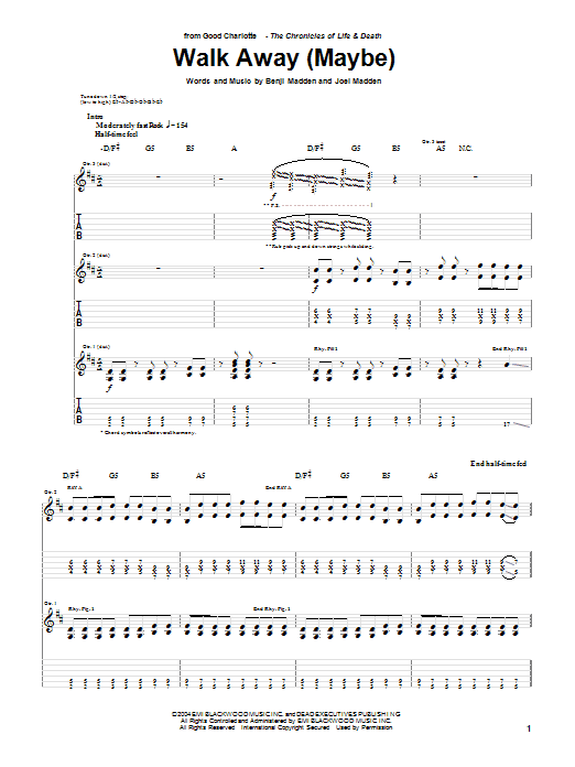 Good Charlotte Walk Away (Maybe) Sheet Music Notes & Chords for Guitar Tab - Download or Print PDF