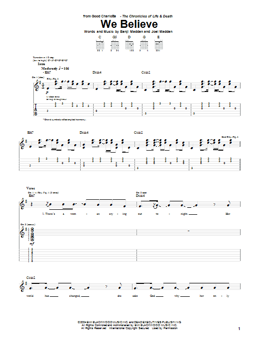 Good Charlotte We Believe Sheet Music Notes & Chords for Guitar Tab - Download or Print PDF