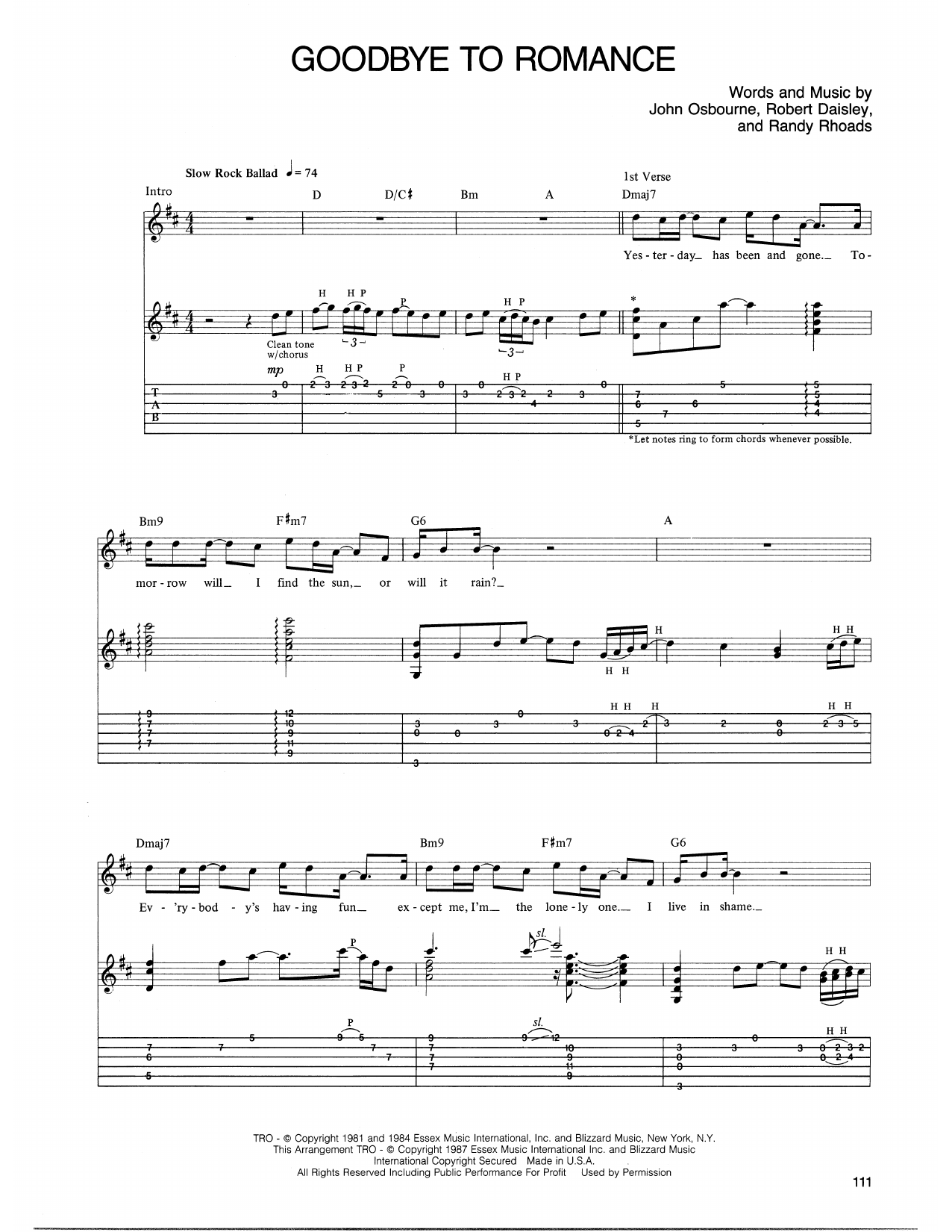 Preview Ozzy Osbourne Goodbye To Romance Rock sheet music, notes and chords for Guitar Tab, SKU: 441567 sheet music, piano notes, chords, guitar tabs, score, transpose, transcribe, how to play, guide, download, learn, tutorial, progression, song, artist, awards, billboard, mtv, vh1, tour, single, album, release