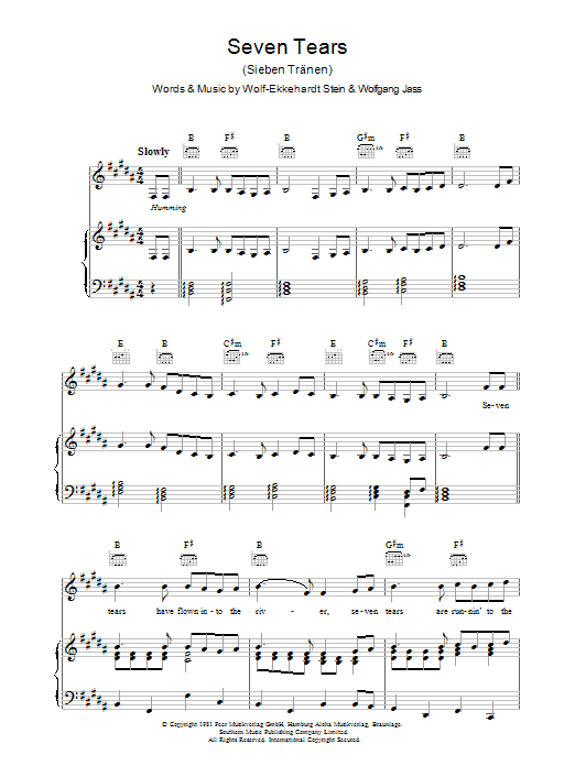 Goombay Dance Band Seven Tears Sheet Music Notes & Chords for Piano, Vocal & Guitar (Right-Hand Melody) - Download or Print PDF