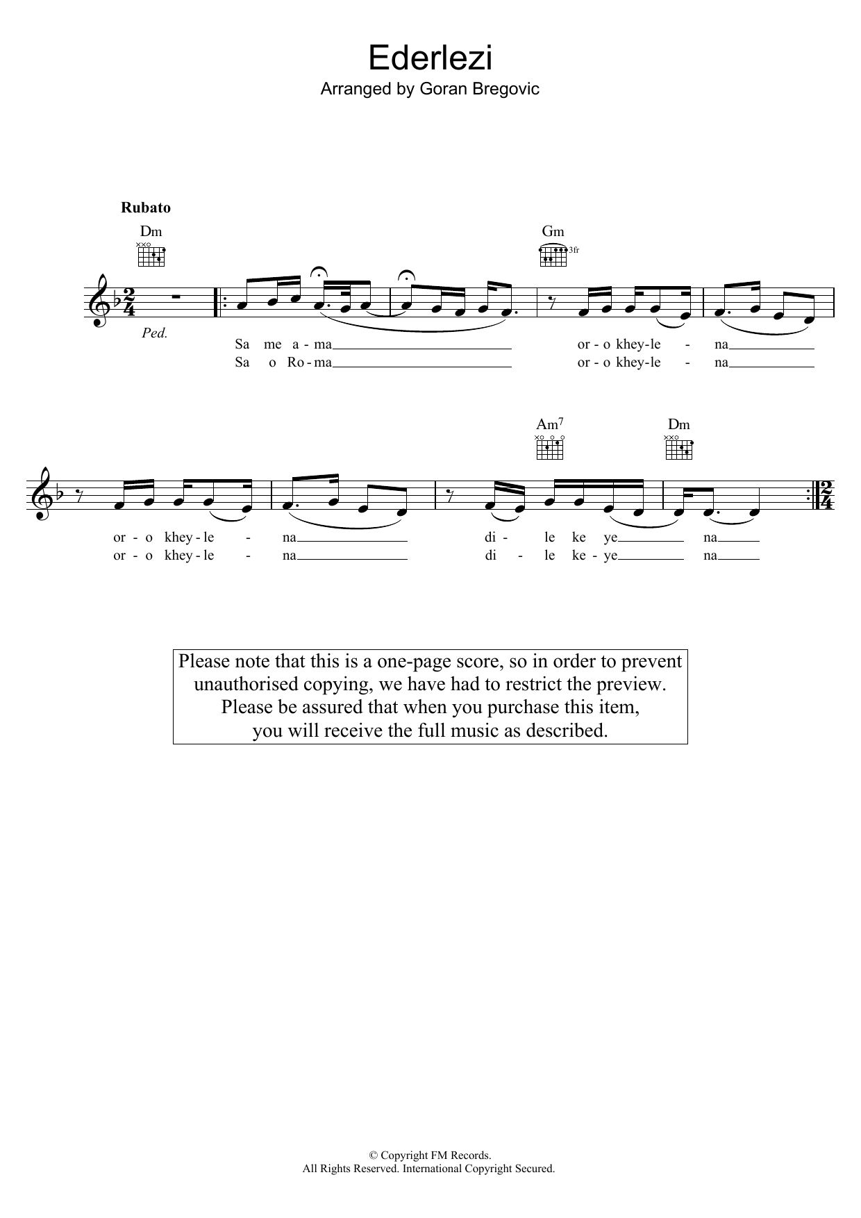 Goran Bregovic Ederlezi Sheet Music Notes & Chords for Melody Line, Lyrics & Chords - Download or Print PDF