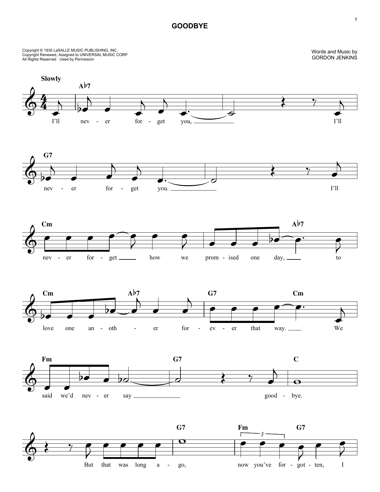 Gordon Jenkins Goodbye Sheet Music Notes & Chords for Clarinet - Download or Print PDF