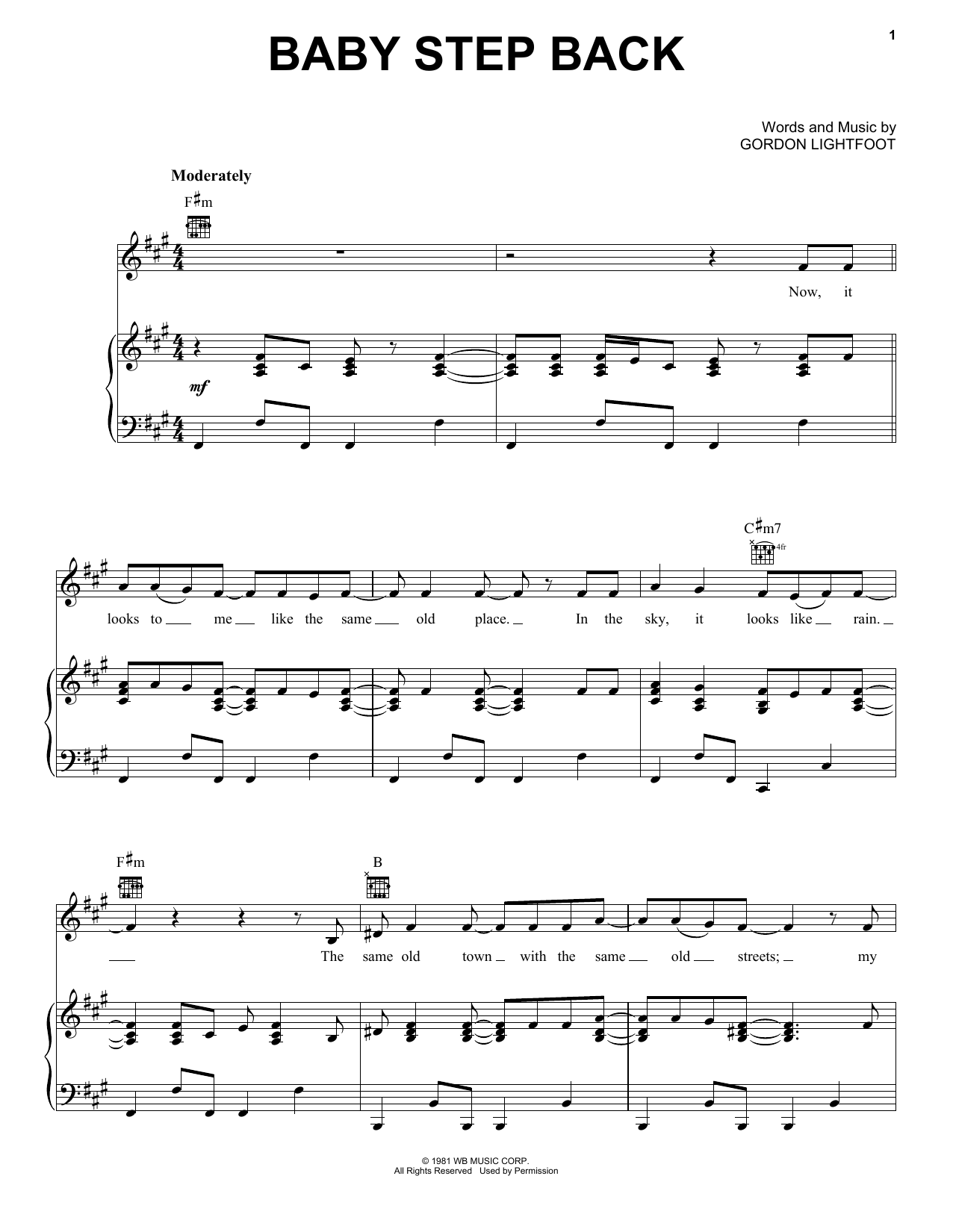 Gordon Lightfoot Baby Step Back Sheet Music Notes & Chords for Piano, Vocal & Guitar (Right-Hand Melody) - Download or Print PDF