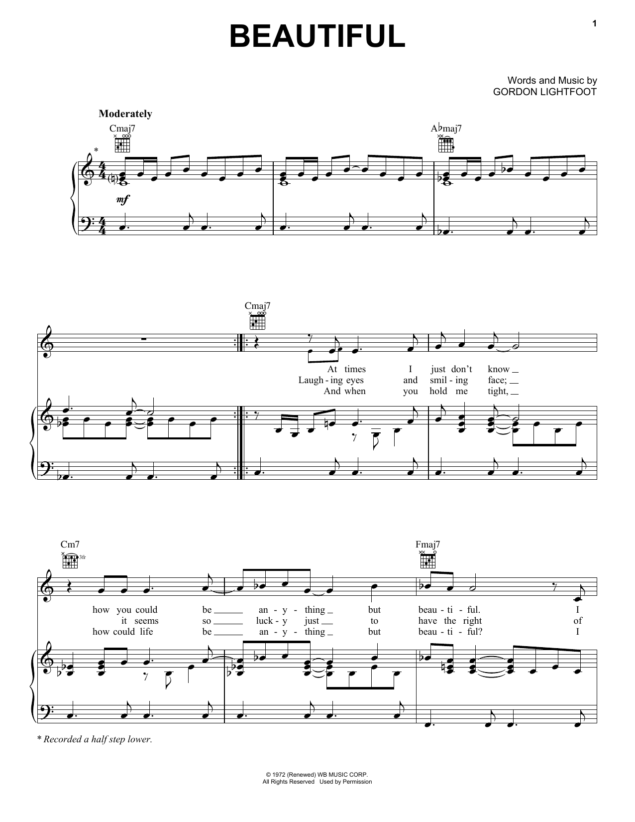Gordon Lightfoot Beautiful Sheet Music Notes & Chords for Piano, Vocal & Guitar (Right-Hand Melody) - Download or Print PDF