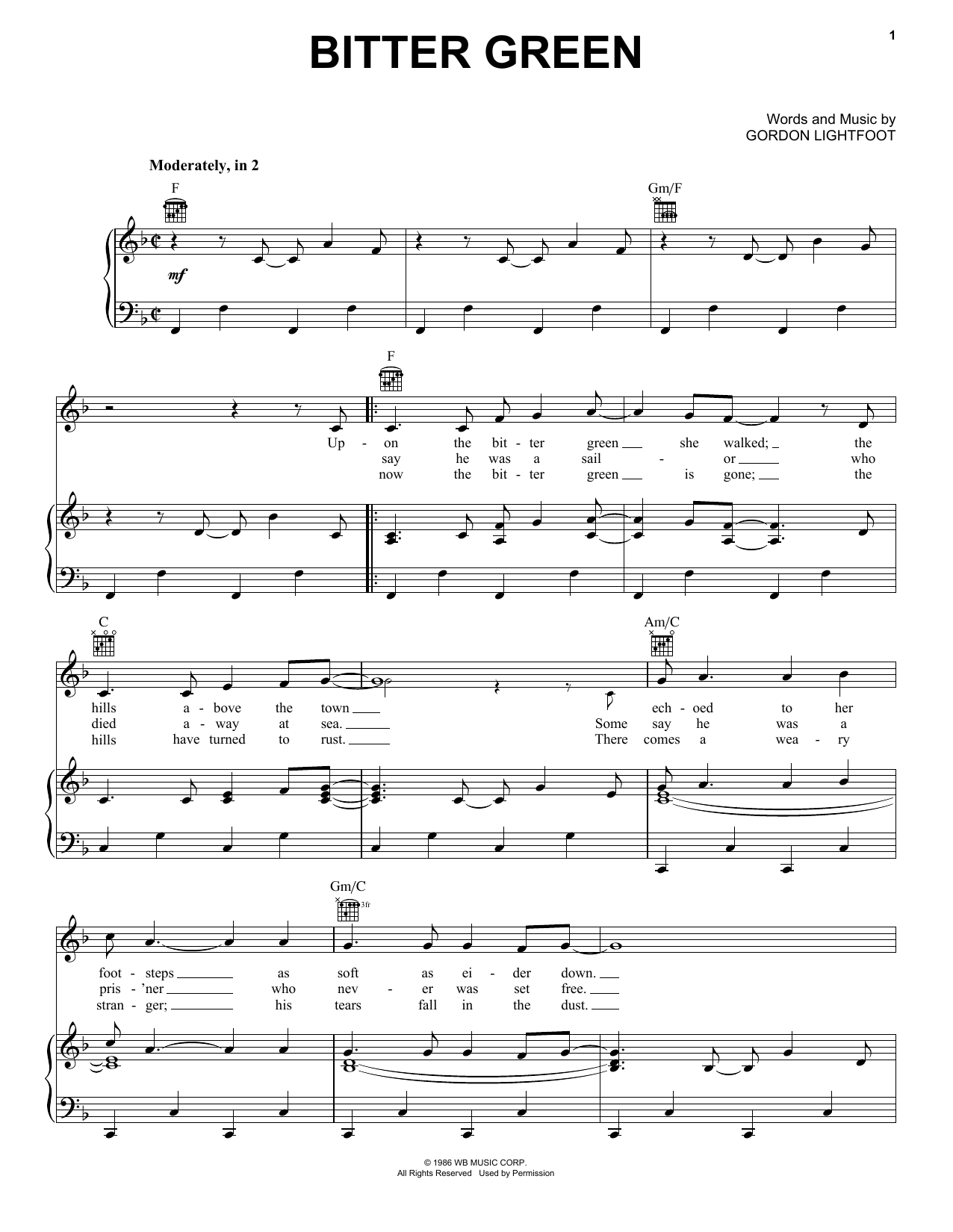 Gordon Lightfoot Bitter Green Sheet Music Notes & Chords for Piano, Vocal & Guitar (Right-Hand Melody) - Download or Print PDF