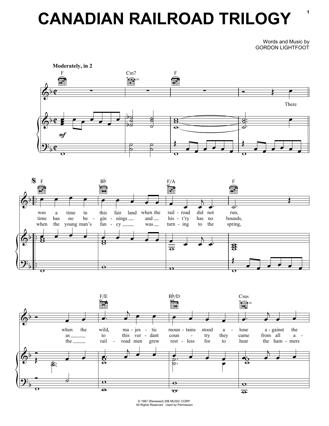 Gordon Lightfoot Canadian Railroad Trilogy Sheet Music Notes & Chords for Lyrics & Chords - Download or Print PDF