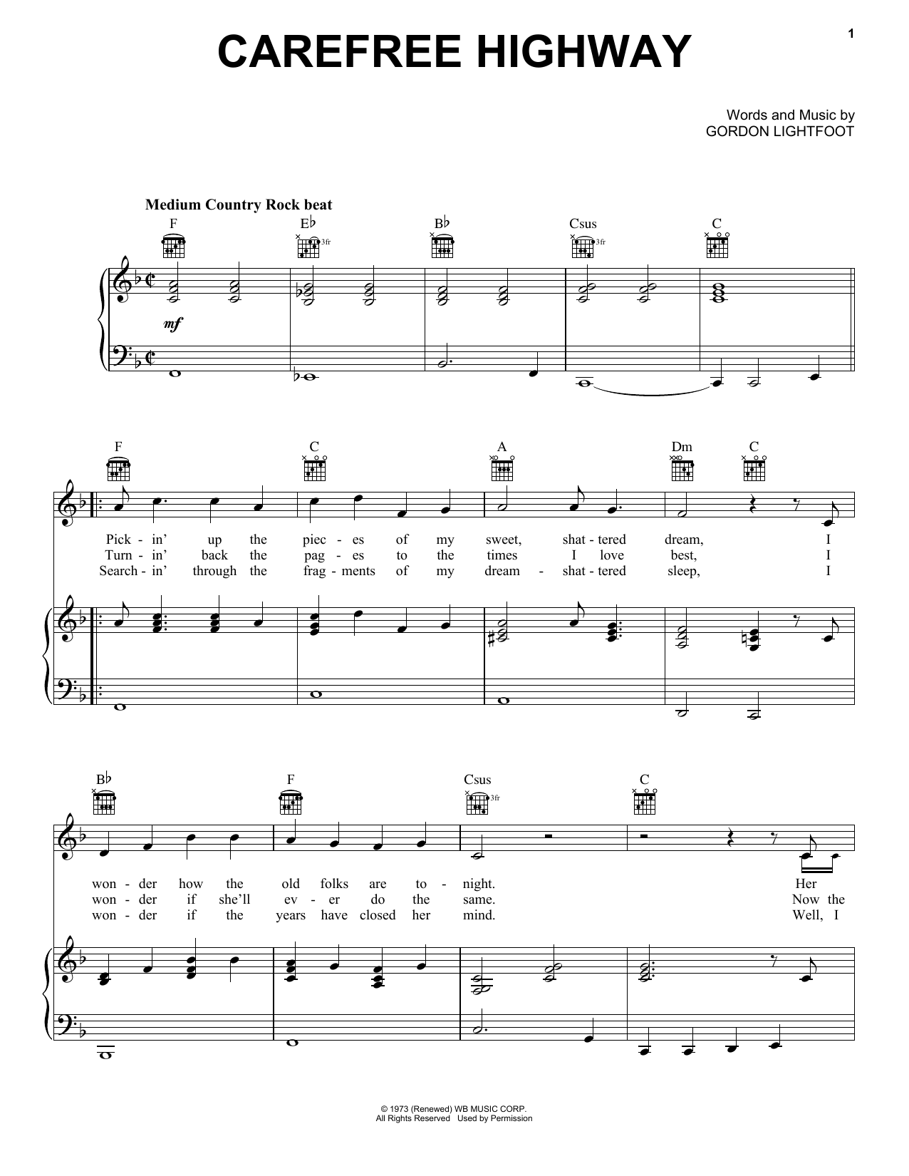 Gordon Lightfoot Carefree Highway Sheet Music Notes & Chords for Piano, Vocal & Guitar (Right-Hand Melody) - Download or Print PDF