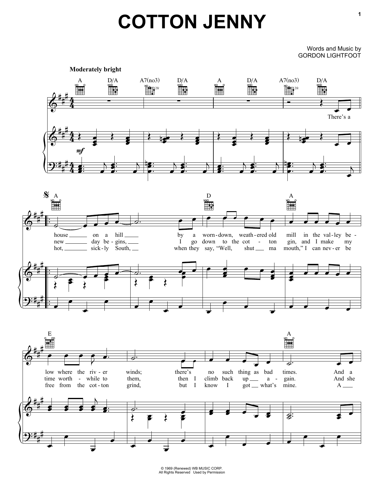 Gordon Lightfoot Cotton Jenny Sheet Music Notes & Chords for Piano, Vocal & Guitar (Right-Hand Melody) - Download or Print PDF