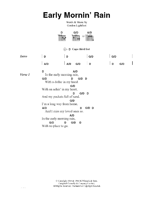 Gordon Lightfoot Early Mornin' Rain Sheet Music Notes & Chords for Lyrics & Chords - Download or Print PDF