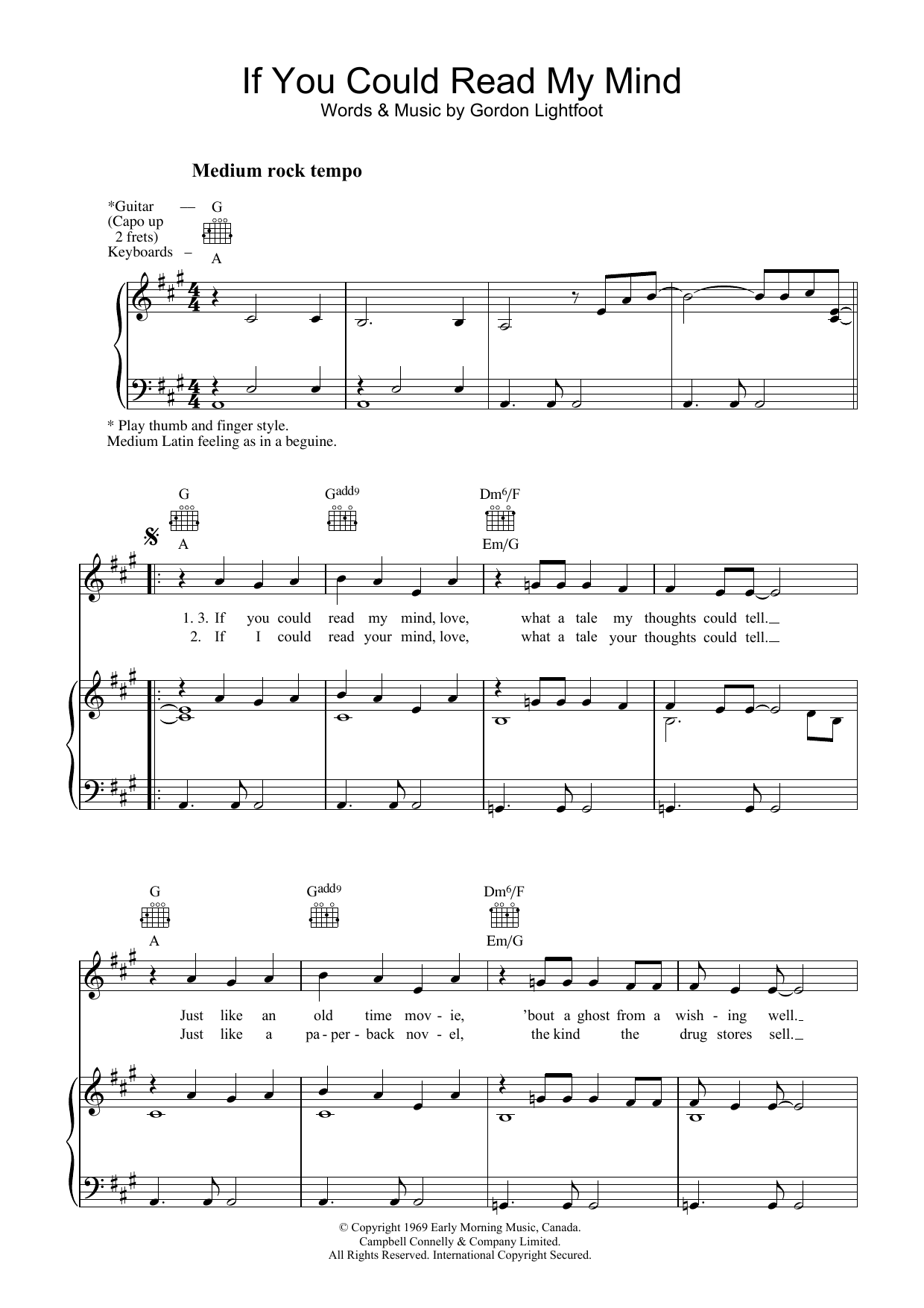 Gordon Lightfoot If You Could Read My Mind Sheet Music Notes & Chords for Piano & Vocal - Download or Print PDF