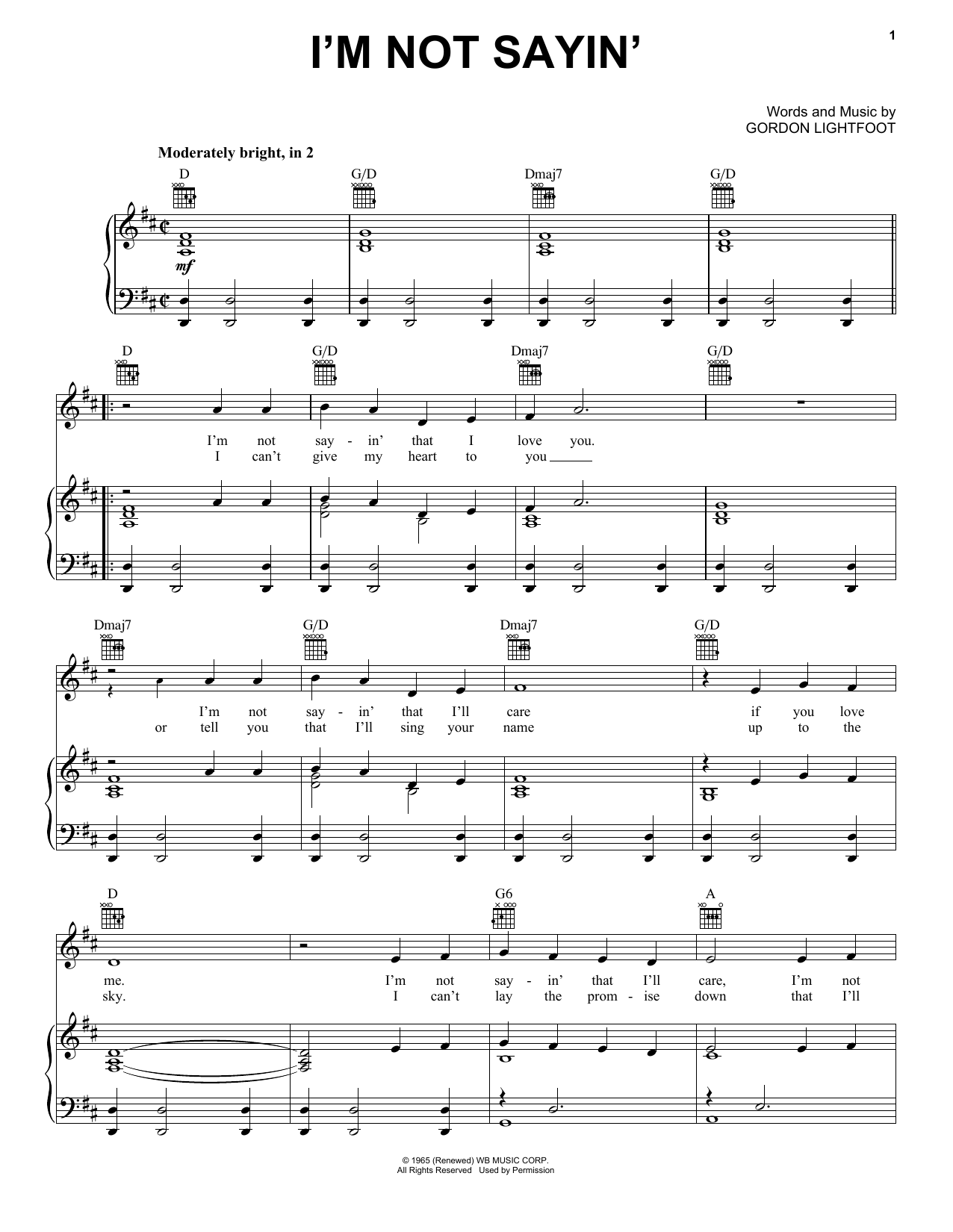 Gordon Lightfoot I'm Not Sayin' Sheet Music Notes & Chords for Piano, Vocal & Guitar (Right-Hand Melody) - Download or Print PDF