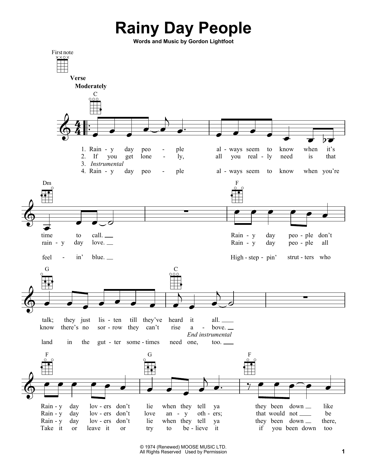 Gordon Lightfoot Rainy Day People Sheet Music Notes & Chords for Ukulele - Download or Print PDF