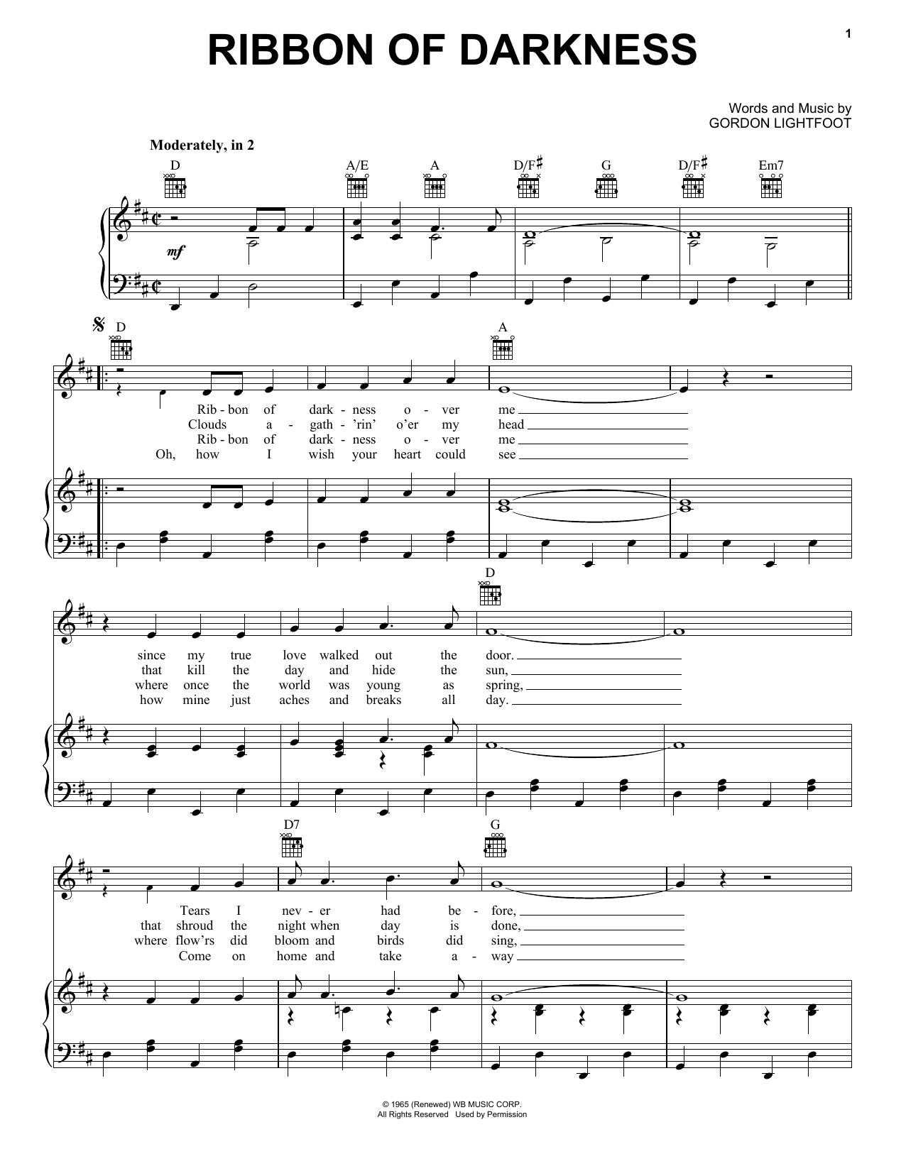 Gordon Lightfoot Ribbon Of Darkness Sheet Music Notes & Chords for Piano, Vocal & Guitar (Right-Hand Melody) - Download or Print PDF