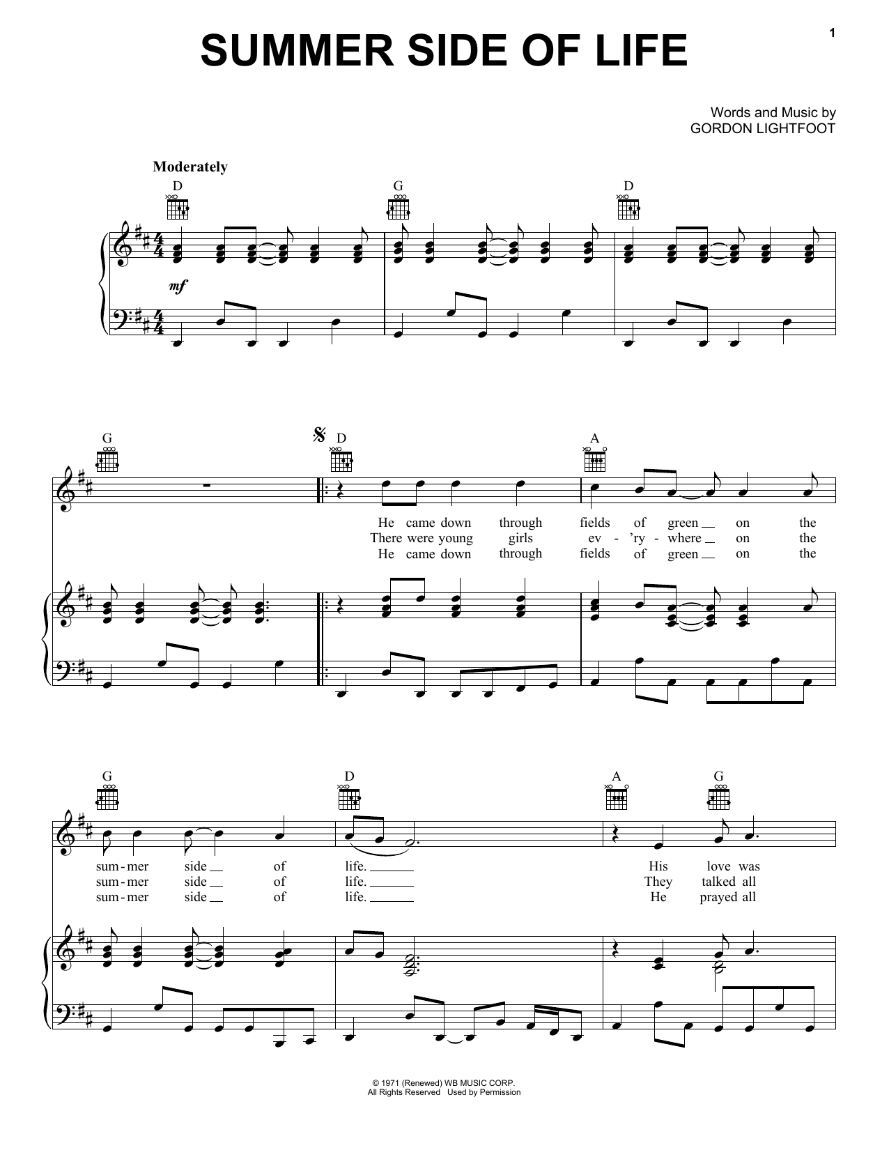 Gordon Lightfoot Summer Side Of Life Sheet Music Notes & Chords for Piano, Vocal & Guitar (Right-Hand Melody) - Download or Print PDF