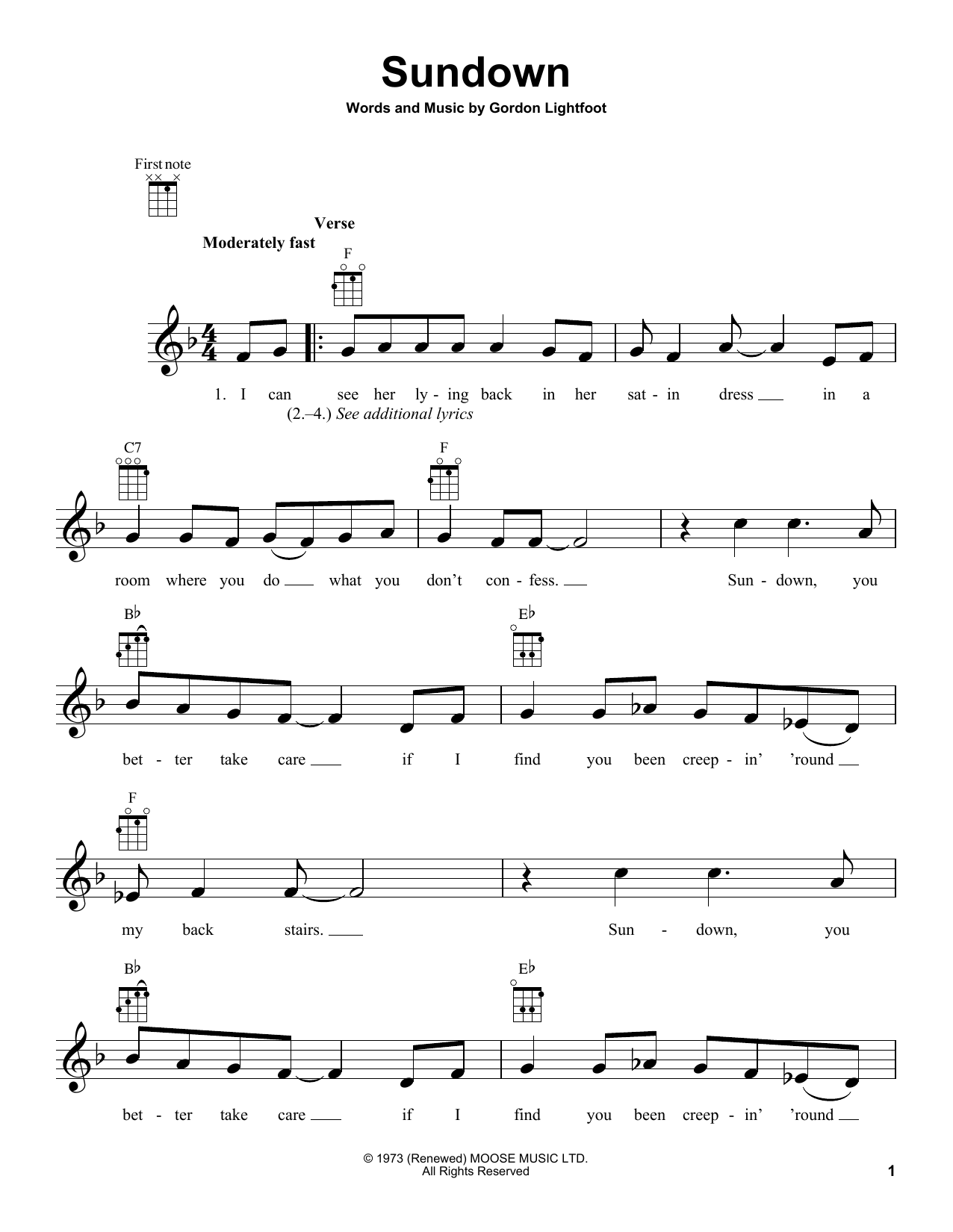 Gordon Lightfoot Sundown Sheet Music Notes & Chords for Banjo Tab - Download or Print PDF