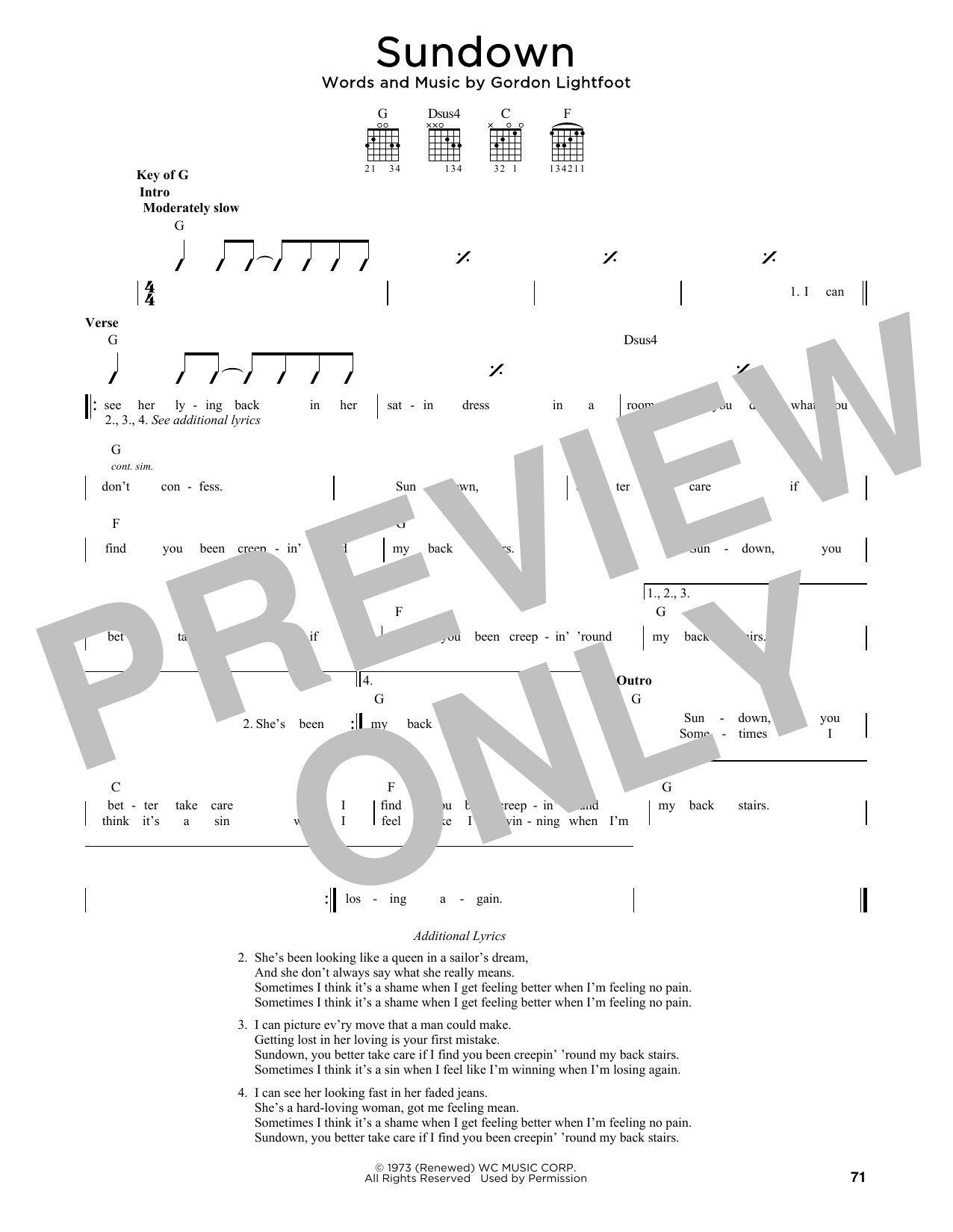 Gordon Lightfoot Sundown Sheet Music Notes & Chords for Piano, Vocal & Guitar (Right-Hand Melody) - Download or Print PDF