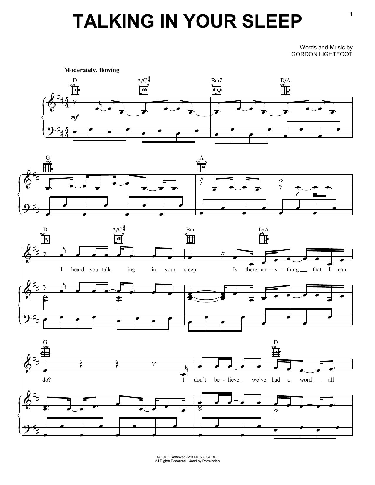 Gordon Lightfoot Talking In Your Sleep Sheet Music Notes & Chords for Piano, Vocal & Guitar (Right-Hand Melody) - Download or Print PDF