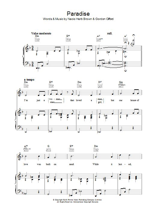 Preview Nacio Herb Brown Paradise Pop sheet music, notes and chords for Piano, Vocal & Guitar (Right-Hand Melody), SKU: 37452 Paradise sheet music