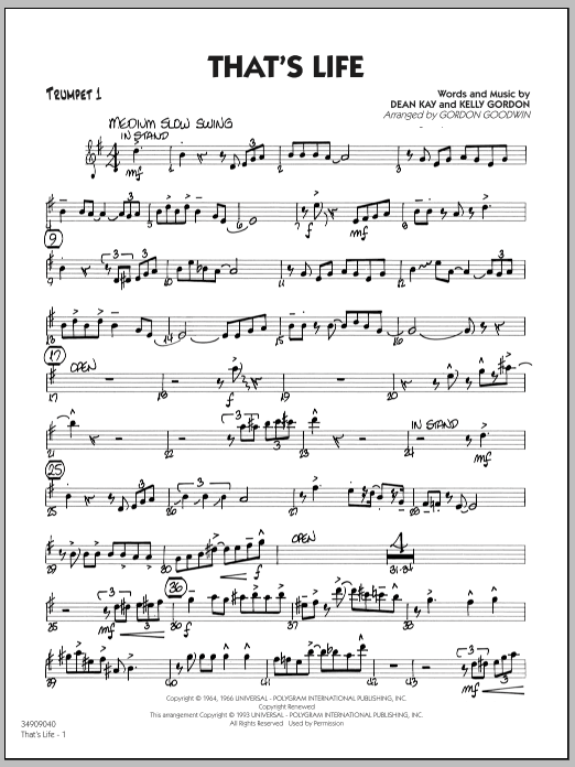 Preview Gordon Goodwin That's Life - Trumpet 1 Standards sheet music, notes and chords for Jazz Ensemble, SKU: 296523 That's Life - Trumpet 1 sheet music