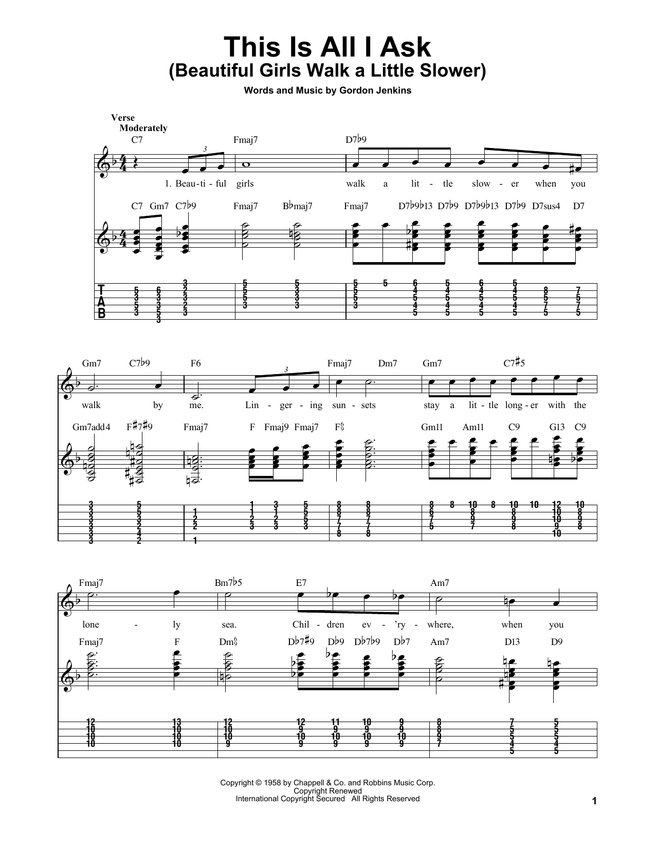 Preview Gordon Jenkins This Is All I Ask (Beautiful Girls Walk A Little Slower) Jazz sheet music, notes and chords for Real Book - Melody & Chords - C Instruments, SKU: 60844 This Is All I Ask (Beautiful Girls Walk A Little Slower) sheet music