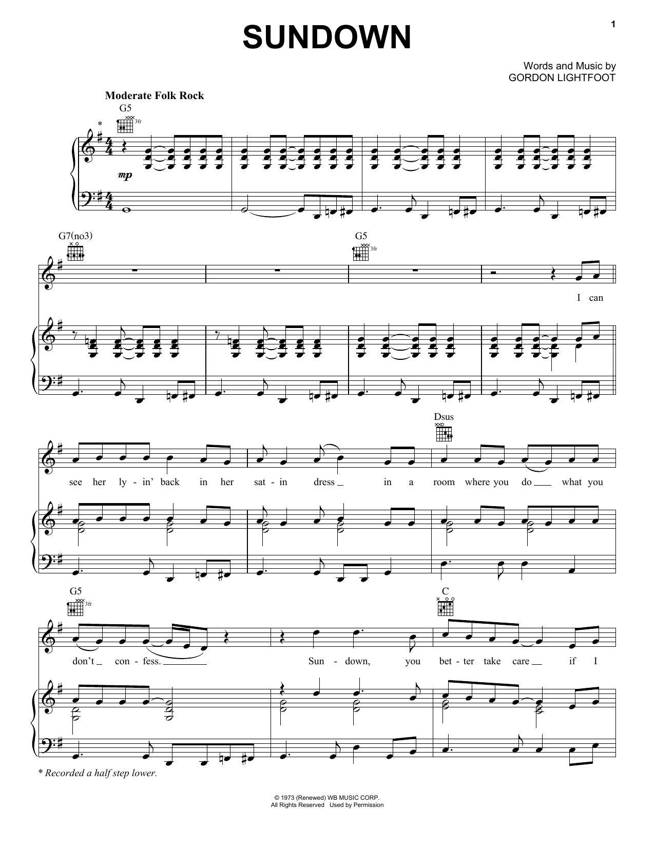 Gordon Lightfoot Sundown Sheet Music Download Pdf Score 156249