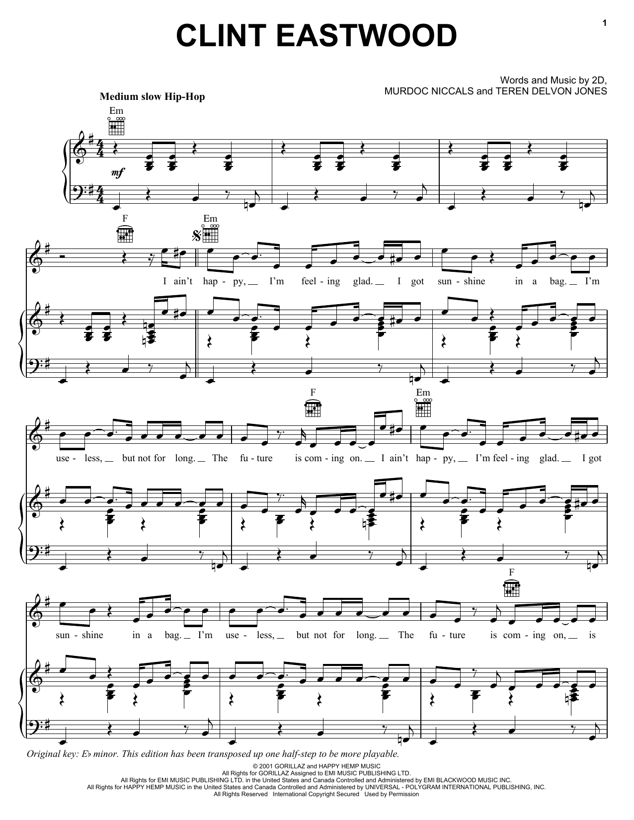 Gorillaz Clint Eastwood Sheet Music Notes & Chords for Piano, Vocal & Guitar (Right-Hand Melody) - Download or Print PDF