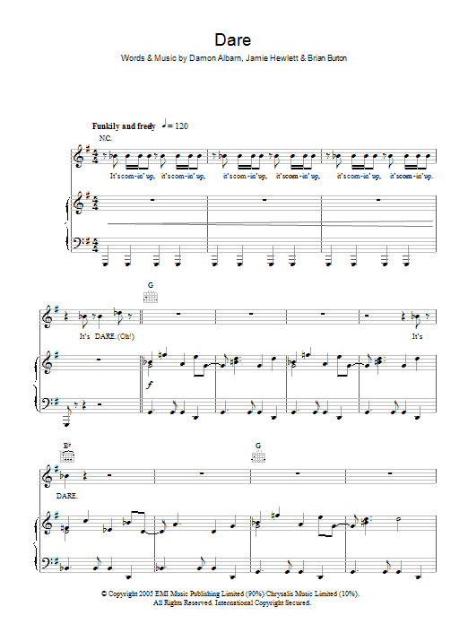 Gorillaz Dare Sheet Music Notes & Chords for Piano, Vocal & Guitar - Download or Print PDF