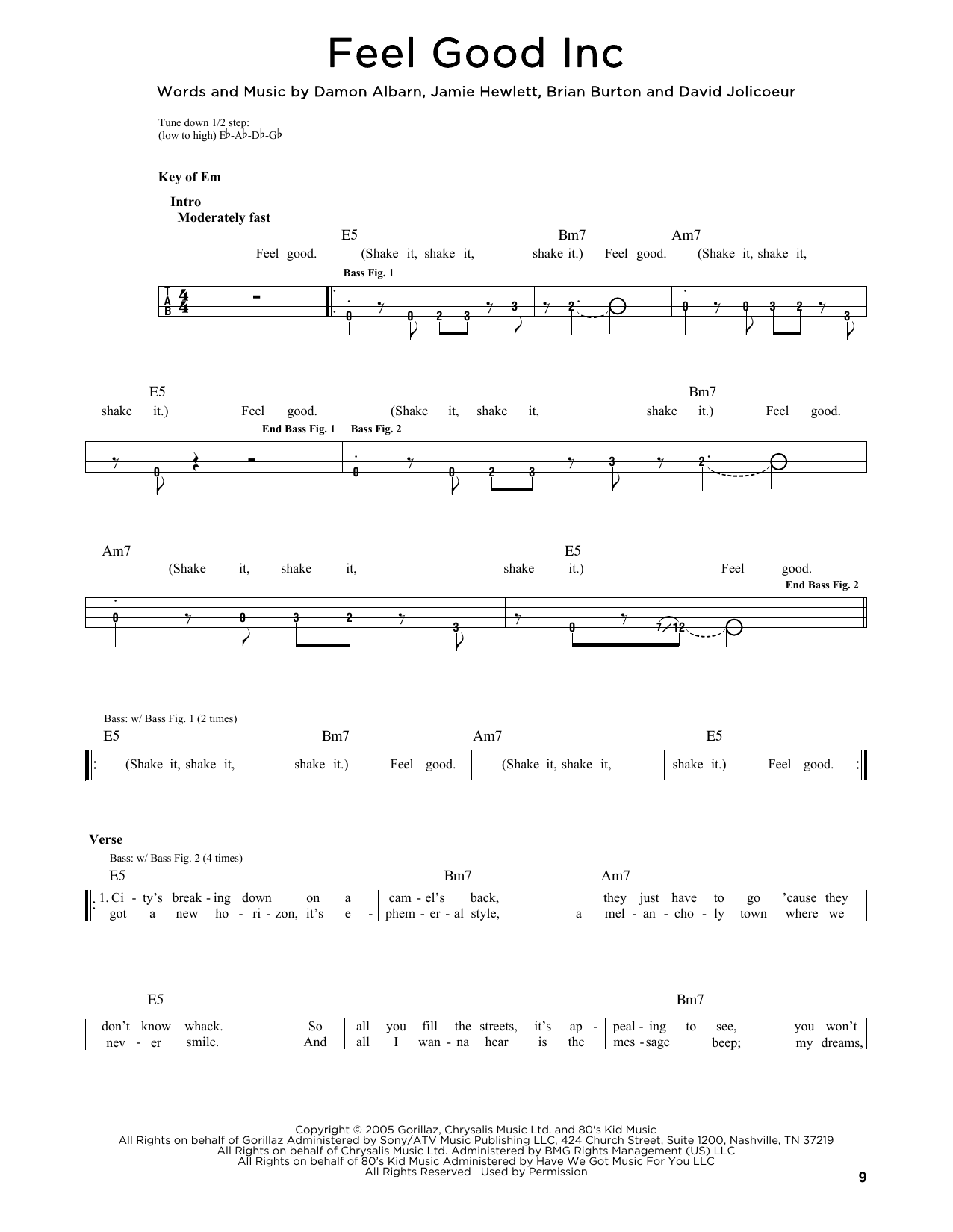 Gorillaz Feel Good Inc (feat. De La Soul) Sheet Music Notes & Chords for Bass Voice - Download or Print PDF